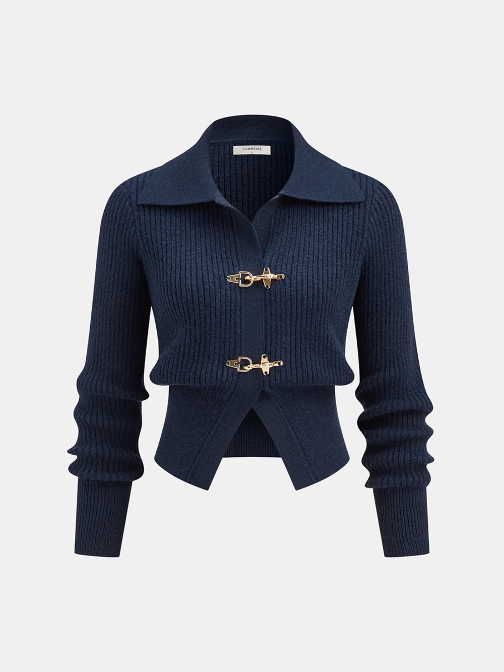 Commense Collared Metal Buckle Ribbed Cropped Sweater